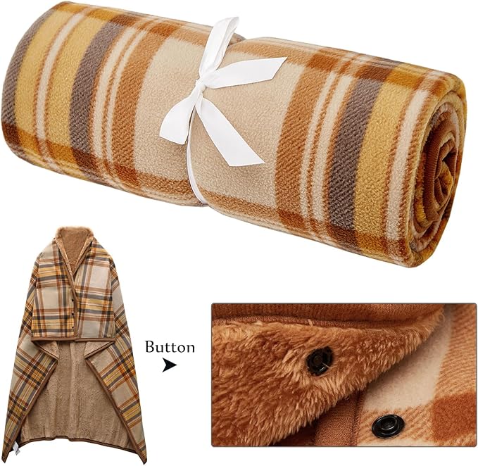 forestfish Fleece Wearable Blanket Plus Size, Comfy Lightweight Lap Blanket Poncho Throw with Buttons, 63“x 55”(Yellow)