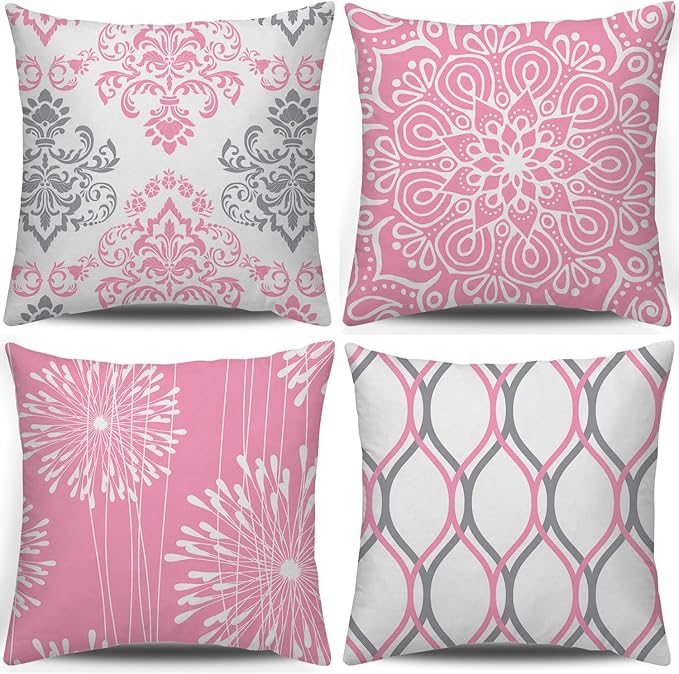Coliuso Decorative Throw Pillow Covers 20x20 Set of 4,Pink and White Modern Simple Square Pillow Case Cushion Cover for Sofa Couch Farmhouse Living Room
