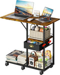 Rolling Coffee Table with Oversized Double-Wide Wood Top, Mobile Tv Tray with Storage Drawer and Wheels for Sofa, Portable Side Table for Living Room, Home Office, Spacious Desk for Working Studying