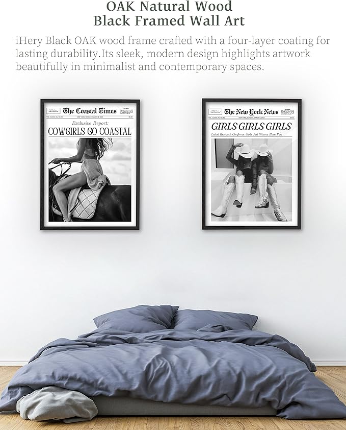 iHery Premium Natural Black OAK Wood 12x16in Cowgirls Go Coastal Trendy Framed Wall Art, Vintage Western Horseback Riding Times Canvas Wall Decor For Dorm Bedroom Living Room 1Pack