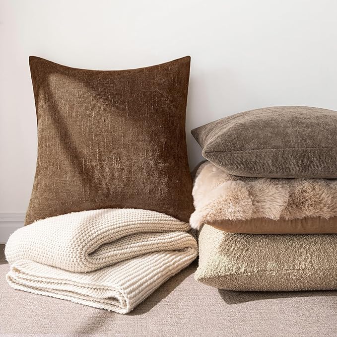 MIULEE Pack of 2 Decorative Throw Pillow Covers Soft Chenille Throw Pillows Solid Neutral Farmhouse Textured Cushion Covers for Couch Sofa Bedroom Living Room 20x20 Inch,Honey Brown