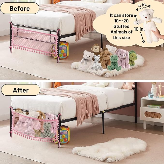 Ofiray-home Stuffed Animal Hammock, Bedside Stuffed Animal Storage Net Corner - Kids Nursery Wall Bedroom Home Decor, Cotton Bedside Toy Organizer Net with Tether, Stretches up to 36 In, Pink