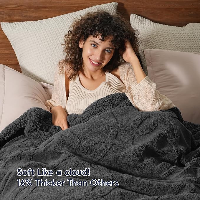 PHF Soft Sherpa Fleece Throw Blanket for Couch, 510GSM Fleece Lightweight Yet Warm Blanket, No Shed No Pilling, 50" x 60", Tufted Jacquard Cozy Thick Bed Throw for Home Decor Christmas, Dark Grey