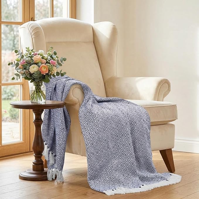 Americanflat 50x60 Throw Blanket - Soft and Breathable Cotton Throw Blanket for Couch, Bed, Chair - Decorative Blankets Perfect for Home or Outdoor Use - Navy Blue and White Double Diamond Design