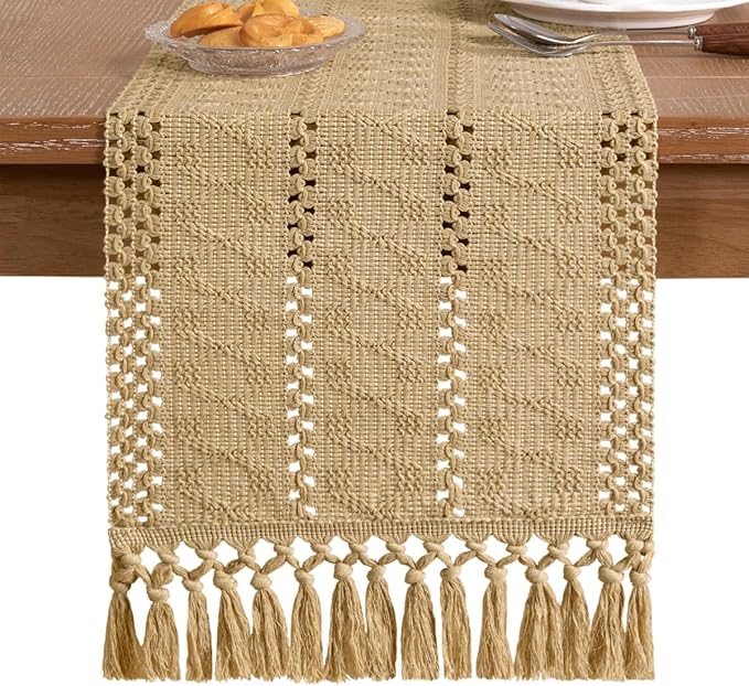Socomi Boho Table Runner Macrame Long Easter Spring Farmhouse Woven Cotton Linen Rustic Coffee Table Runner with Tassels for Dresser Scarf Home Decor Dining Room 12x108 inch Champagne