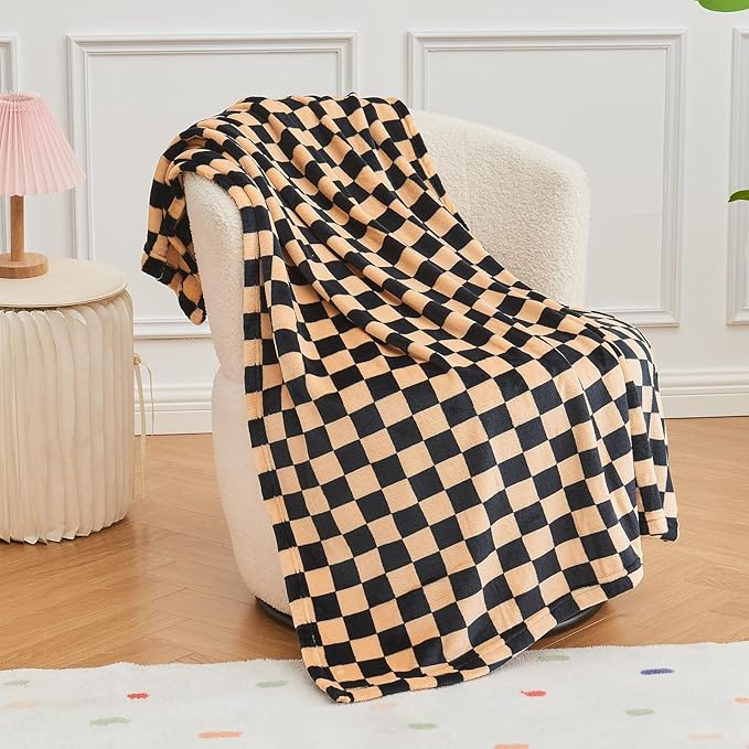 FY FIBER HOUSE Checkered Flannel Fleece Throw Blanket Soft Cozy Checkerboard Grid Print Chessboard Gingham Pattern Blankets for Bed Couch Sofa, 40"x50", Black Brown