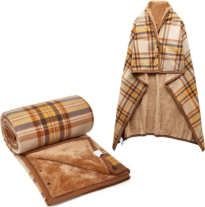 forestfish Fleece Wearable Blanket Plus Size, Comfy Lightweight Lap Blanket Poncho Throw with Buttons, 63“x 55”(Yellow)