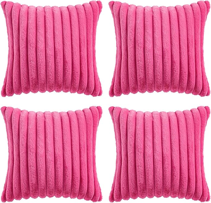MIULEE Faux Fur Plush Decorative Throw Pillow Covers 18x18 Set of 4, Spring Modern Soft Fuzzy Striped Cushion Covers for Sofa Couch Bed Living Room Cozy Home Decor,Hot Pink