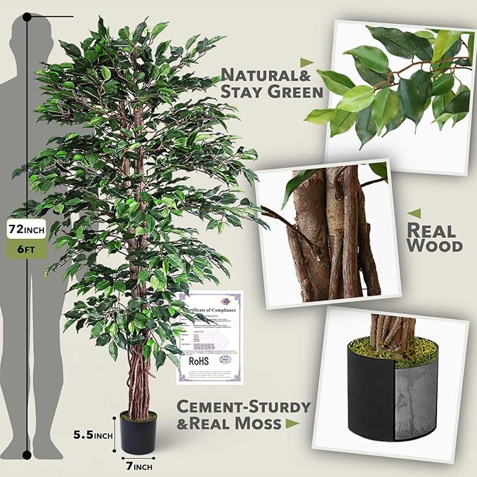Aveyas 6ft Artificial Ficus Tree for Home Decor, 6 Feet Faux Plant Fake Silk Trees with Pot for Indoor Outdoor House Living Room Office Garden (6 ft Tall)