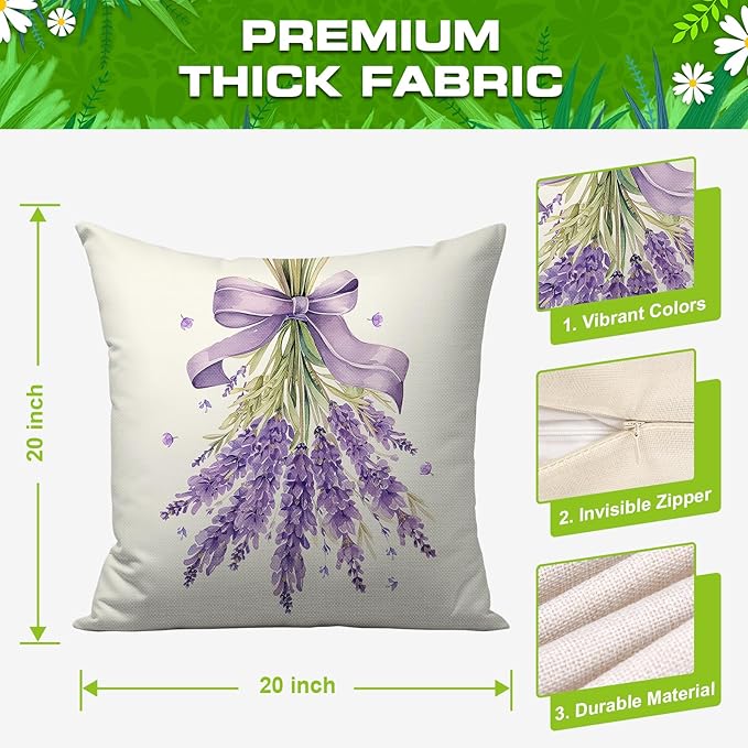 Spring Pillow Covers 20x20 Inch Set of 4 Lavender Home Sweet Home Purple Throw Pillows Decorative Pillow Cases Summer Seasonal Farmhouse Decorations for Sofa Couch