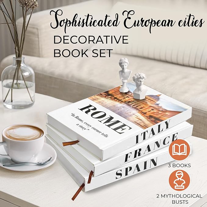 SIMPLIFY ASTHETIC - European Cities Decorative Books Set with 2 Busts Greek Methology and 3 Sets White Hardcover Coffee Table Books with Blank Pages, Home Decor Livingroom