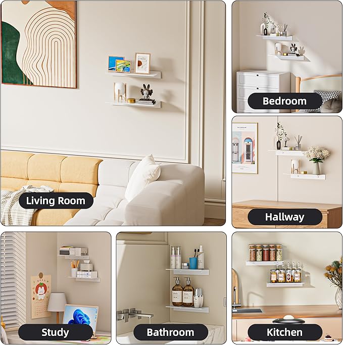 Glossy White Metal Floating Shelf 2-Piece Set, Adhesive Wall Shelves in Thickened Aluminium Wall Mounted Shower Caddy, Ideal for Display & Storage in Living Room, Bedroom, Bathroom (11.7")