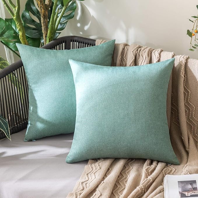 MIULEE Pack of 2 Decorative Outdoor Solid Waterproof Throw Pillow Covers Spring Euro Sham Faux Linen Garden Farmhouse Cushion Cases for Summer Patio Tent Balcony Couch Sofa 22x22 Inch Teal