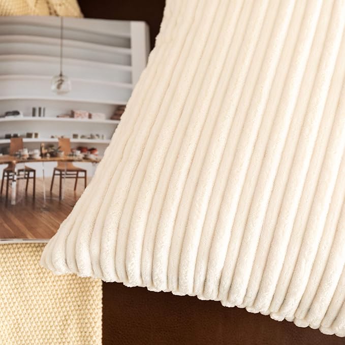UGASA Corduroy Striped Soft Soild Decorative Square Throw Pillow Covers Set Cushion Cases Pillowcases for Sofa Bedroom, 2 Pcs, 24x24inch, Cream