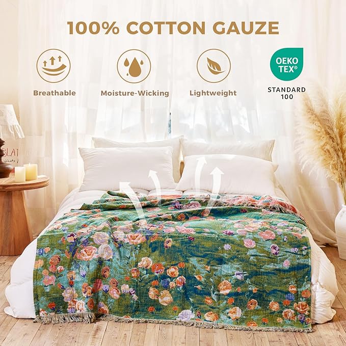 Boho Throw Blanket for Bed Cotton Spring Blankets Twin Size for Bedroom Living Room All Season Lightweight Floral Embroidery Reversible Quilt for Couch Sofa Chair 60"x80" Home Decor