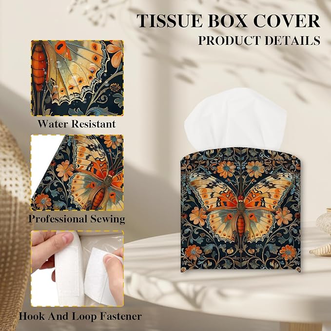Vintage Butterfly Tissue Box Cover, Flora Tissue Holder Square with Bottom Belt for Home Bathroom Office Vanity Countertop, Housewarming Gifts Ideas for Women Friends Mom Bestie -12