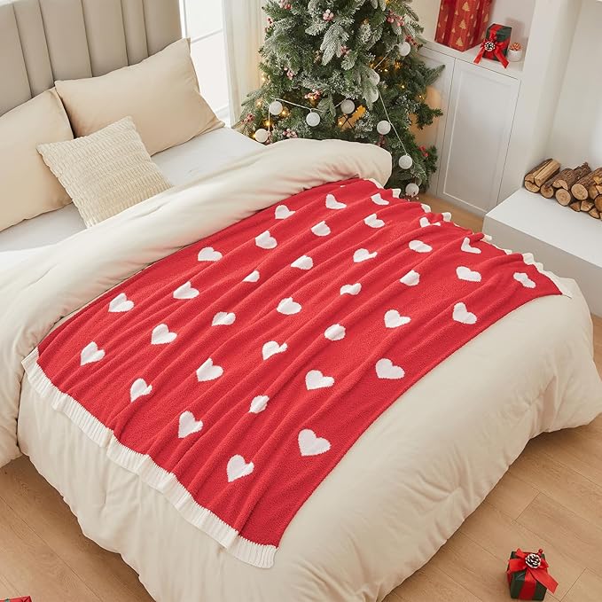 CozeCube Valentine's Day Love Heart Throw Blanket, Super Soft Romantic Fullfy Microfiber, Reversible Featival Blankets for Couch Bed Sofa, Warm Knit Christmas Decorative Gift Blankets, Red 50"X60"