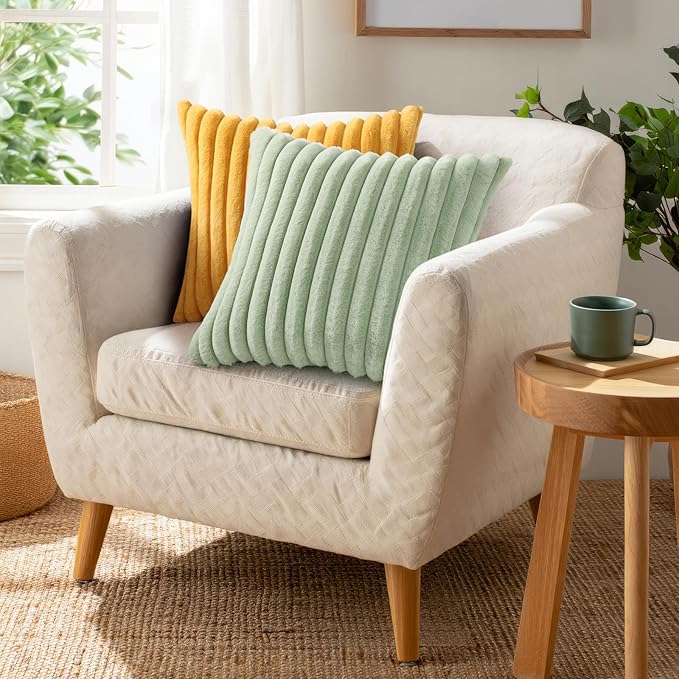 Pallene Faux Fur Plush Throw Pillow Covers 24x24 Set of 2, Luxury Soft Fluffy Striped Decorative Pillow Covers for Sofa, Couch, Living Room, Mustard Yellow