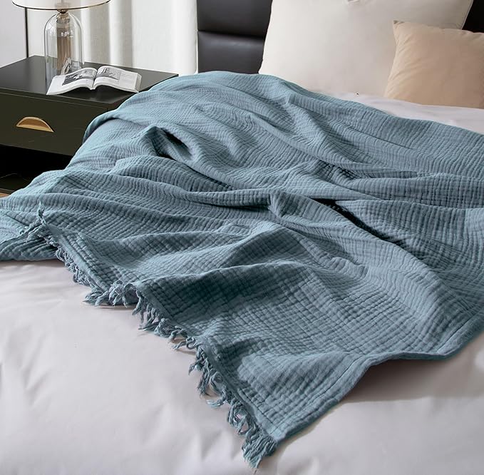 KyraHome Muslin Blankets for Adults, Kid,100% Organic Cotton Blanket Plant Dyed, Breathable Lightweight Gauze Throw Blanket for Couch, All Season (Slate Blue)