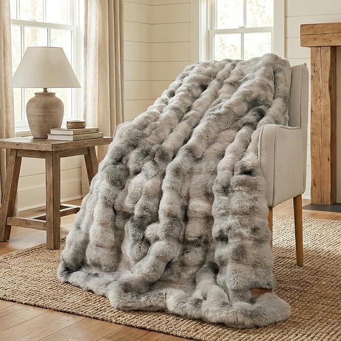 Double-Sided Throw Blanket for Couch, Gray Cozy Plush Fluffy Bubble Blanket Foldable for Spring Bedroom Home Decor Living Room Office Nap Travel, for Mom Women, 50" x 60"