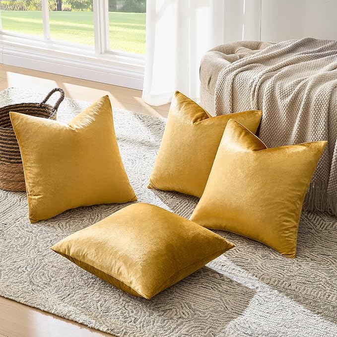 GIGIZAZA Decorative Pillow Covers 20x20: Pack of 4 Soft Throw Pillows Square Golden Covers - Velvet Solid Luxury Couch Cushion Covers for Living Room,Bedroom,Sofa,Room Decor