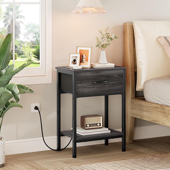 Vagusicc Nightstand Set of 2 with Charging Station, Bed Side Table with Fabric Drawer, Small End Table with 2-Tier Open Shelves, 25.4" Tall Night Stand Bedside Table for Bedroom Living Room, Black Oak