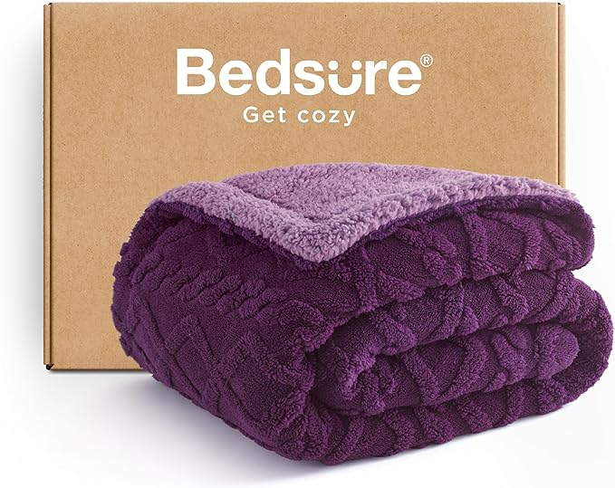 Bedsure Gentlesoft Sherpa Fleece Throw Blanket for Couch - Fluffy & Cozy Cable Jacquard Tufted Throw for Women Gift, Thick and Warm Blankets for Winter, Purple, 50x60 Inches