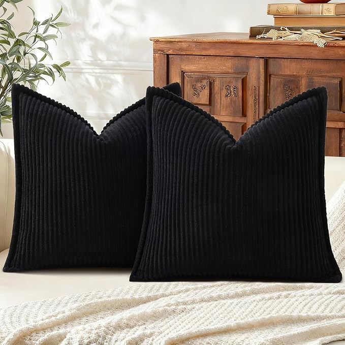 Mecatny Corduroy Throw Pillow Covers 16x16 Set of 2, Neutral Decorative Soft Boho Couch Pillow Covers with Broadside for Sofa Living Room, Black