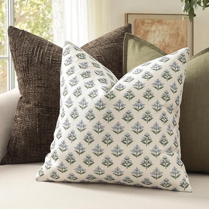 YCOLL Farmhouse Floral Print Throw Pillow Covers 20x20 Set of 2, Rustic Decorative Cushion Covers for Sofa Couch Bed Living Room, Vintage Floral Patterned Cottage Home Decor, Blue Green