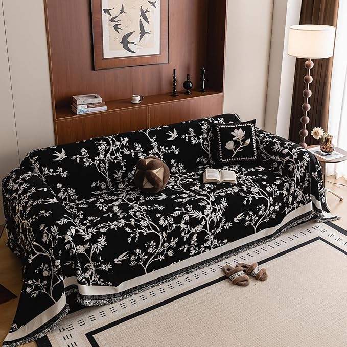 HANDONTIME Couch Cover for Dogs Washable Bird Floral Pattern Slipcovers for Couches and Sofas Black Sofa Covers with White Jacquard Flower Chenille Couch Cover Blanket Pet Friendly, 71" X 150"