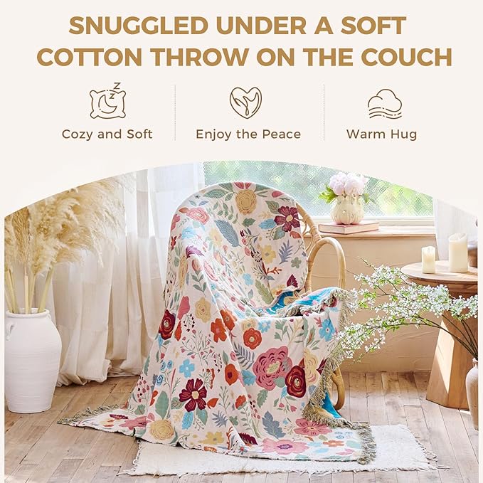 Boho Throw Blanket for Bed Cotton Spring Blankets Twin Size for Bedroom Living Room All Season Lightweight Floral Embroidery Quilt for Couch Sofa Chair 60"x80"