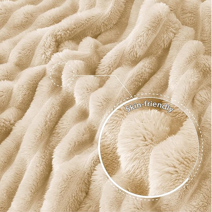 Exclusivo Mezcla Queen Size Flannel Fleece Blanket, Super Soft Striped Jacquard Bed Blanket, Lightweight Fuzzy Cozy for All Seasons, 90x90 Inches, Beige