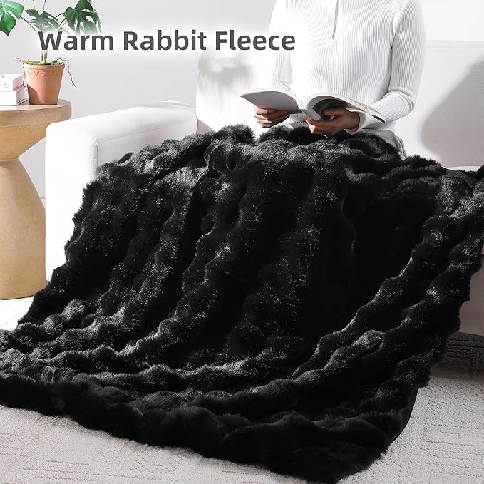 Smoofy Faux Fur Throw Blanket for Couch – Black Fluffy Cozy Rabbit Fleece, Plush Soft Bubble Blanket for Sofa & Bed, for Mom, Warm Fuzzy Home Room Decor Throw 50" x 60"