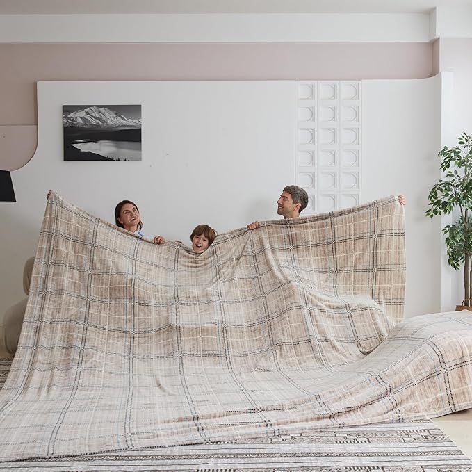COOVA Oversized King Fleece Blanket 120x120 inches, Soft Cozy Warm Giant Extra Large 10'x10' Blanket for Bed, Sofa, Couch,Travel, Camping, California Huge Flannel Big Throw Blanket, Line Taupe