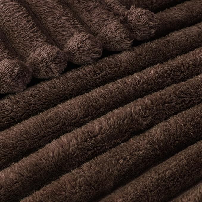 Exclusivo Mezcla Twin Size Flannel Fleece Blanket, Super Soft Striped Jacquard Bed Blanket, Lightweight Fuzzy Cozy for All Seasons, 60x80 Inches, Coffee