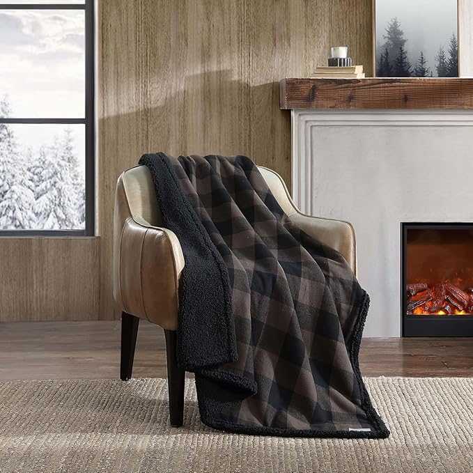 Eddie Bauer - Throw Blanket, Yarn Dyed Cotton Bedding with Solid Ultra-Soft Sherpa Reverse, Throw Blanket for Couch & Bed (Cabin Plaid Brown, 50" x 60")