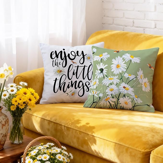 Hexagram Spring Summer Pillow Covers 16x16 Set of 4, Floral Daisy Outdoor Decorative Throw Pillow Covers, Green Farmhouse Cushion Case for Couch Sofa Living Room Bedroom Home Indoor Decor(No Insert)