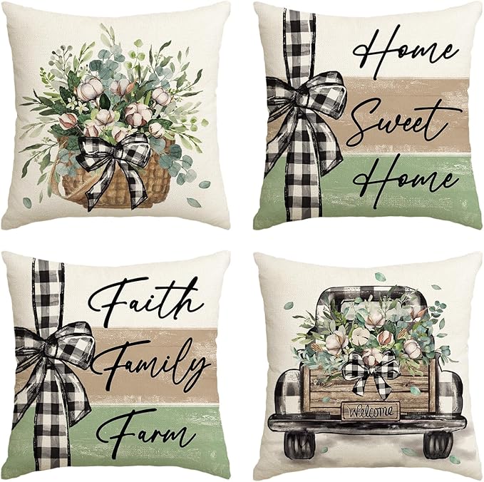 AVOIN colorlife Home Sweet Home Farmhouse Eucalyptus Leaves Throw Pillow Covers, 18 x 18 Inch Truck Stripes Buffalo Plaid Cushion Case Decorations Set of 4
