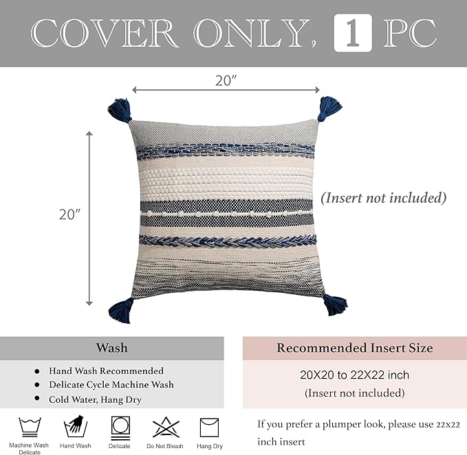 BlissBlush Navy Dark Blue Decorative Throw Pillow Cover 20x20 Square Boho Accent Pillowcase Tassels Farmhouse Cushion for Couch Sofa Bedroom Living Room Home Décor Cover ONLY