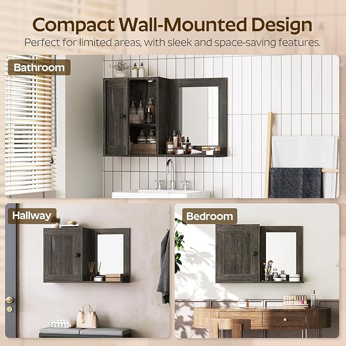 Medicine Wall Cabinet with Mirror, Bathroom Mirror with Storage, Medicine Cabinet Mirror, Wall Mounted Home Storage, Adjustable Shelf, for Laundry Room, Bedroom, Camper, Hallway, Smoky Oak