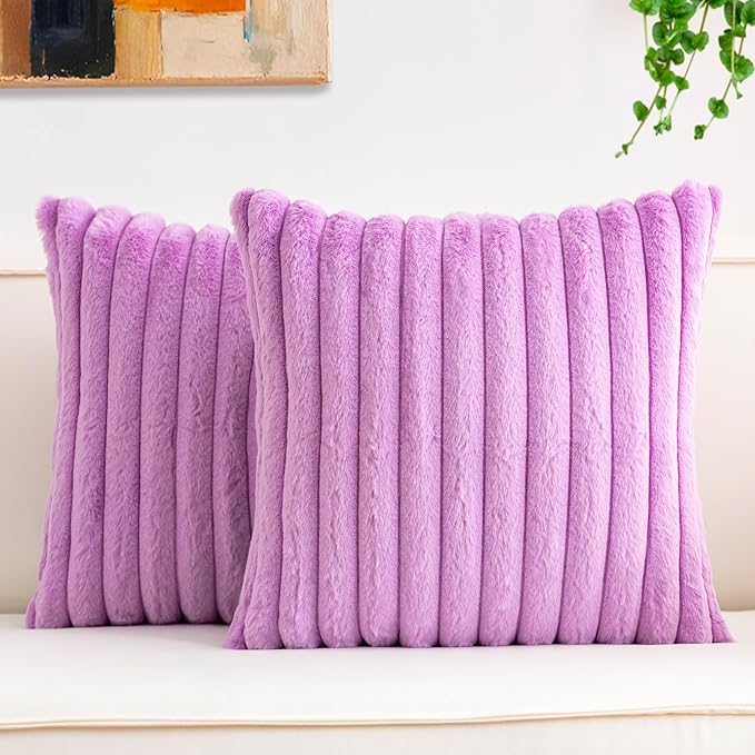 Aegero Pack of 2 Faux Fur Fall Throw Pillow Covers 22x22 Inch, Soft Plush Striped Neutral Couch Pillow Cover, with Velvet Back Modern Home Decor for Sofa Living Room Couch Bed Purple