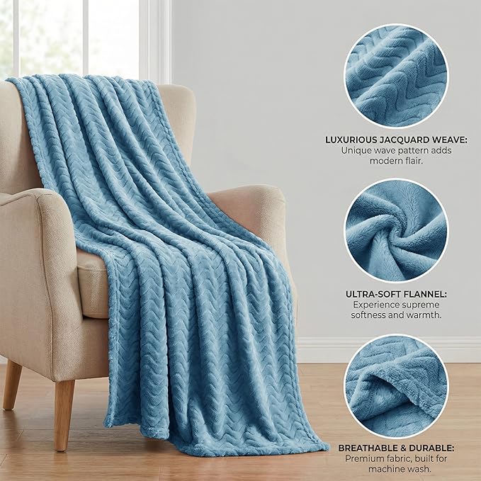 Exclusivo Mezcla Soft Fleece Throw Blanket for Couch, Cozy Lightweight Blankets with Decorative Wave Textured Suitable for All Season Use, Slate Blue, 50x70 Inches