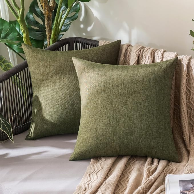 MIULEE Pack of 2 Decorative Outdoor Solid Waterproof Throw Pillow Covers Spring Faux Linen Garden Farmhouse Cushion Cases for Patio Tent Balcony Couch Sofa 18x18 Inch Olive Green