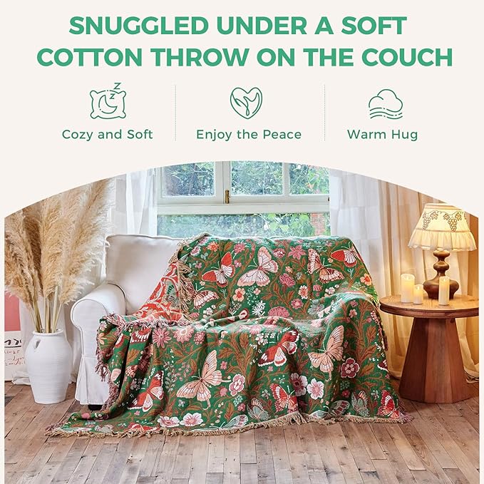 Boho Throw Blanket for Couch Sofa Chair Cotton Spring Blankets for Bedroom Living Room All Season Lightweight Reversible Butterflies Embroidery Throws 50"x60"