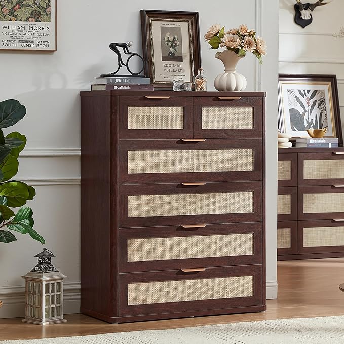 LEYAOYAO Dresser for Bedroom, 41" Tall Chest of Drawers, Modern 6 Drawers Boho Rattan Dressers with Storage, Dresser Wooden Closet Organizer for Living Room, Hallway