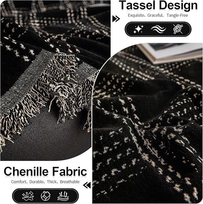 HANDONTIME Checkered Sofa Cover Washable, White Plaid Couch Slipcover Geometric Pet Couch Cover for Dogs Chenille Durable Couch Covers for 3 Cushion Couch Sofa Pet Friendly (Black, 71"x118")