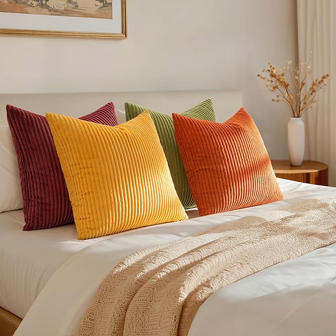 EMEMA Burnt Orange Decorative Throw Pillow Covers for Couch Bed Livingroom 18x18 Inch Set of 4 Boho Farmhouse Corduroy Striped Square Pillow Case,Western Modern Cushion Covers Home Decor