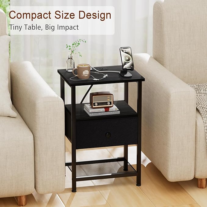 Night Stand with Charging Station, Small Bedside Table with Fabric Drawer, Nightstand with USB Ports & Outlets for Bedroom, Living Room, Black, HETS010BK-1