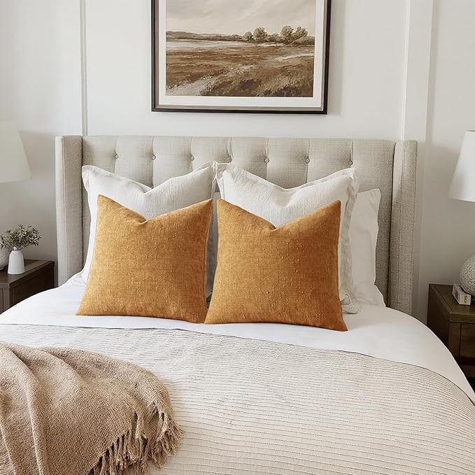 MIULEE Pack of 2 Decorative Throw Pillow Covers Soft Chenille Throw Pillows Solid Textured Cushion Covers Home Decor for Couch Sofa Bedroom Living Room 22x22 Inch,Golden Brown