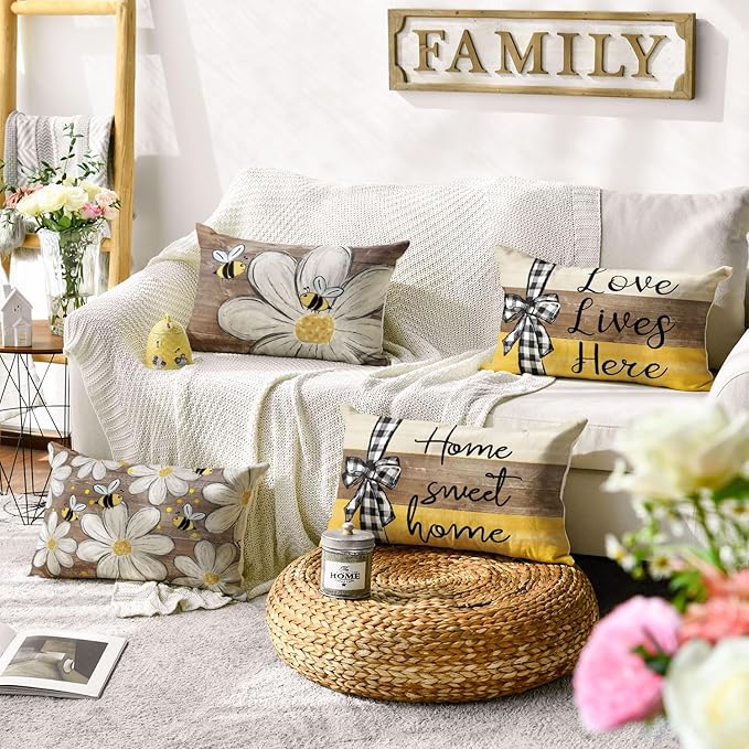 AVOIN colorlife Home Sweet Home Bee Daisy Throw Pillow Covers, 12 x 20 Inch Love Lives Here Spring Summer Stripes Polka Dots Cushion Case for Sofa Couch Set of 4